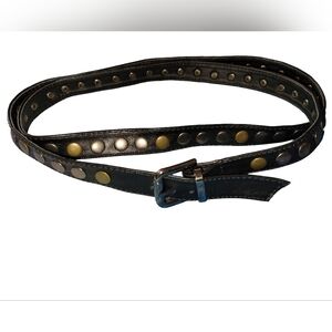 Black Faux Leather Studded Skinny Wrap Belt | Mixed Metal Rivets | 46" x 3/4"